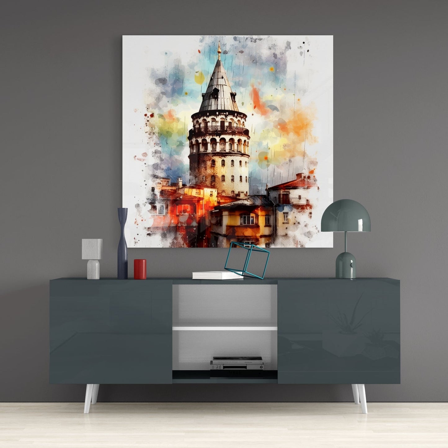 Galata Tower Splatter Watercolor Glass Wall Art