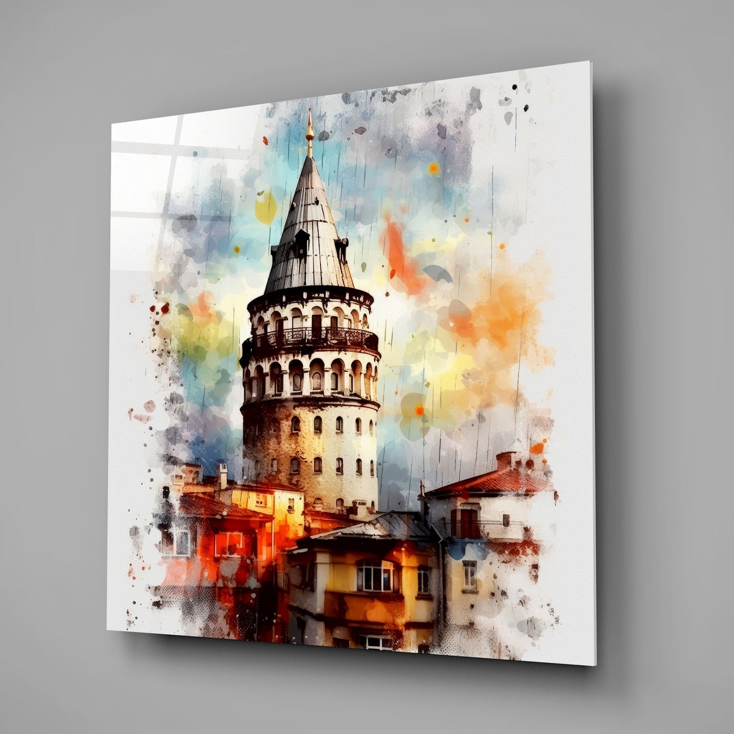 Galata Tower Splatter Watercolor Glass Wall Art