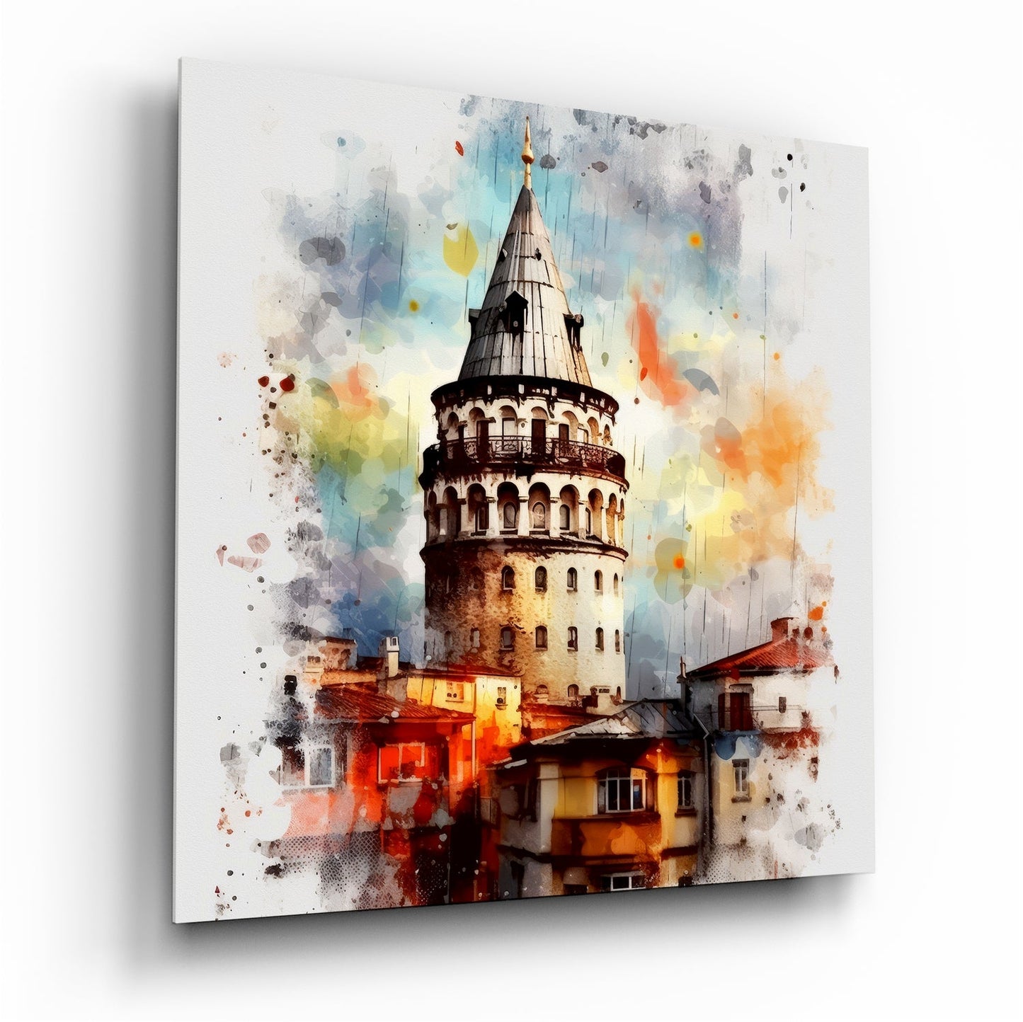 Galata Tower splatter watercolor glass wall art Istanbul landmark