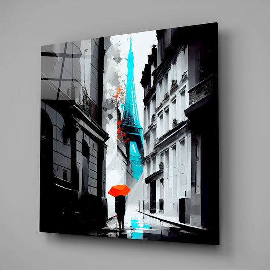 Paris alley with red umbrella glass wall art on a gray wall with soft window light