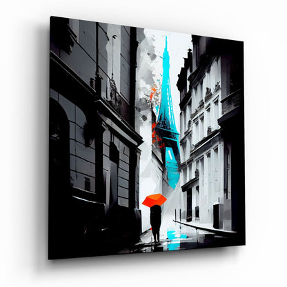 Turquoise tower red umbrella alley glass wall art