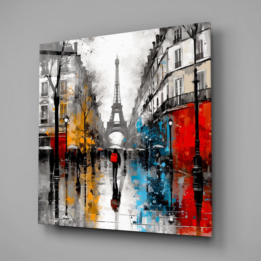 Rainy Paris boulevard glass wall art on a pale gray wall with a window reflection on the glass