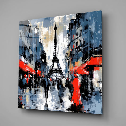 Blue and red Paris street glass wall art shown at an angle on a gray background