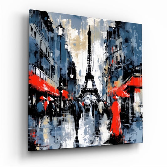 Rainy Paris street in blue and red with umbrellas and the Eiffel Tower, tempered glass wall art on white