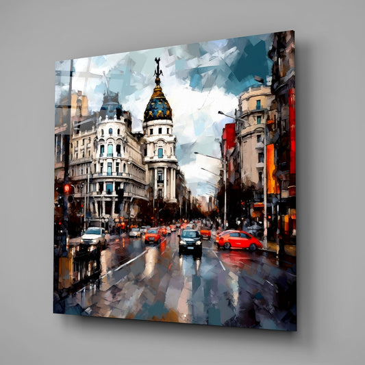 Rainy Spanish boulevard glass wall art on a gray background, the glass catching a window reflection