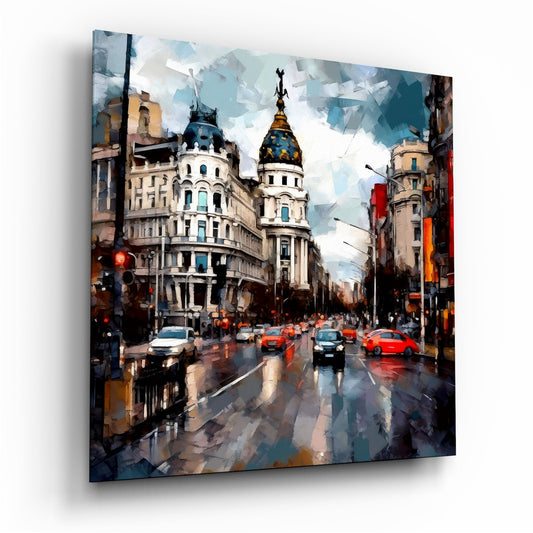 Rainy Spanish boulevard glass wall art on a white background, angled to show the glossy face