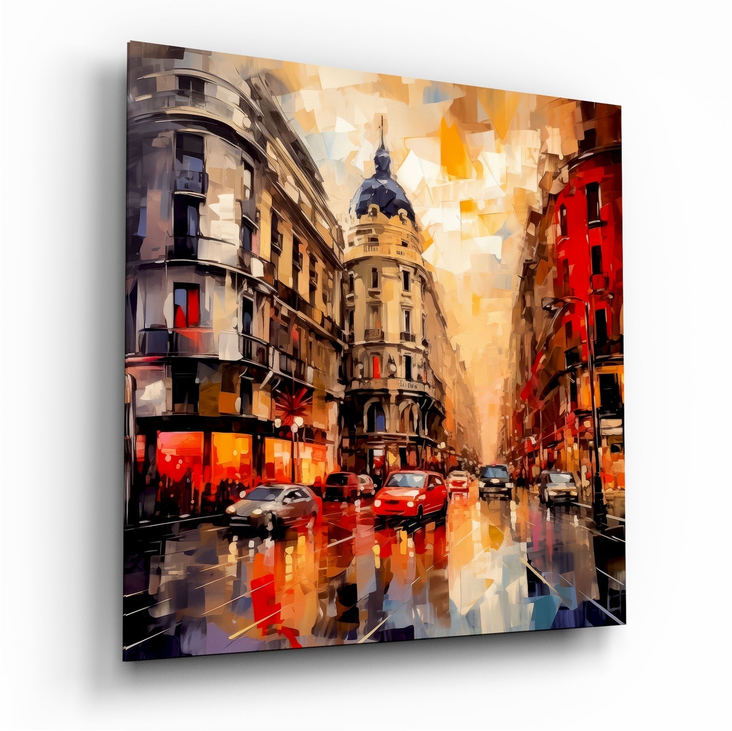 Corner buildings Spain sunset glass wall art