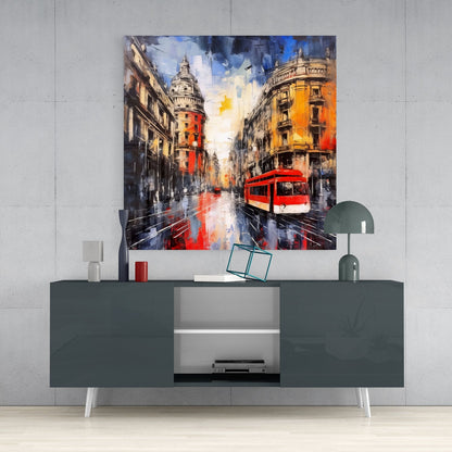 Red Tram Spanish Street Glass Wall Art