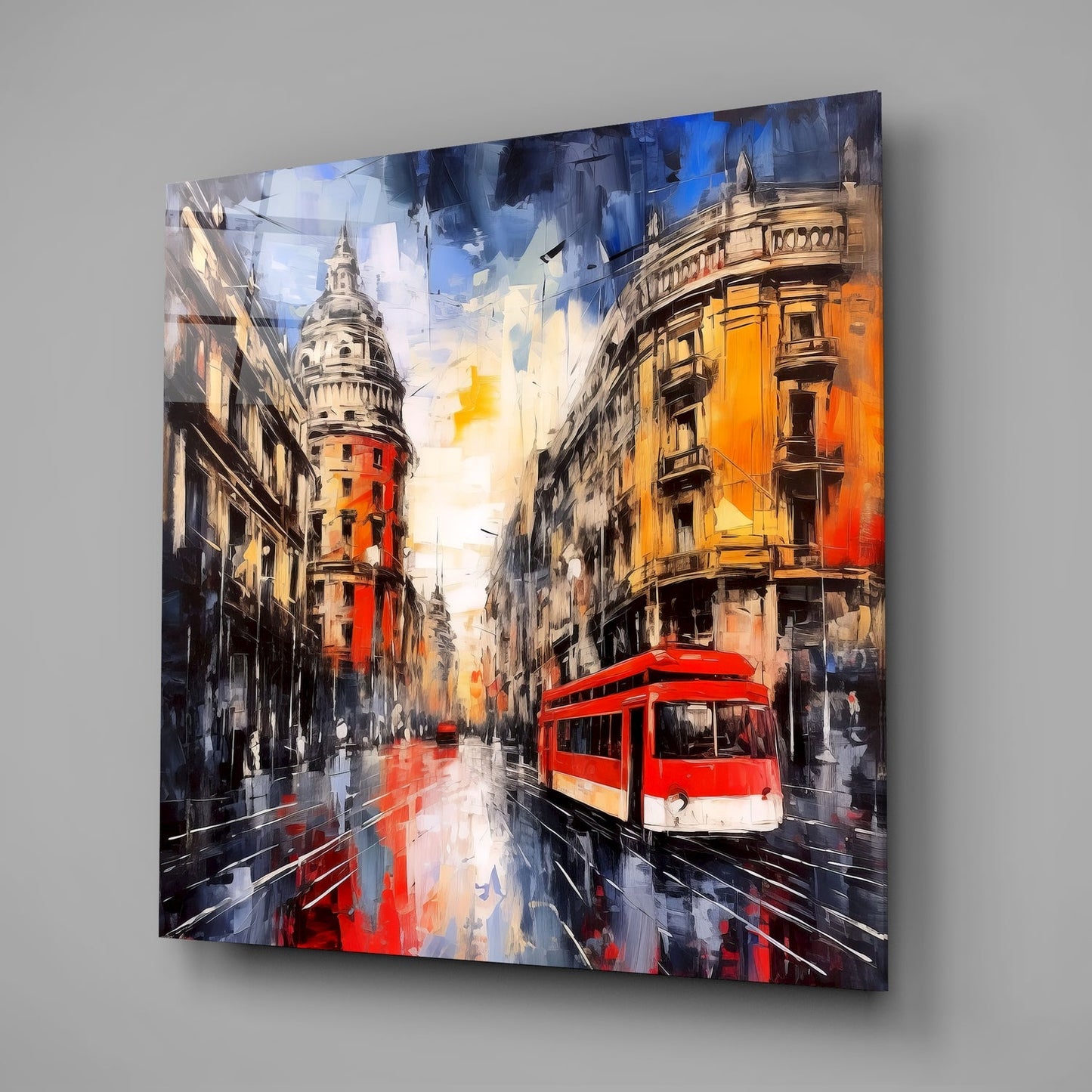Red Tram Spanish Street Glass Wall Art