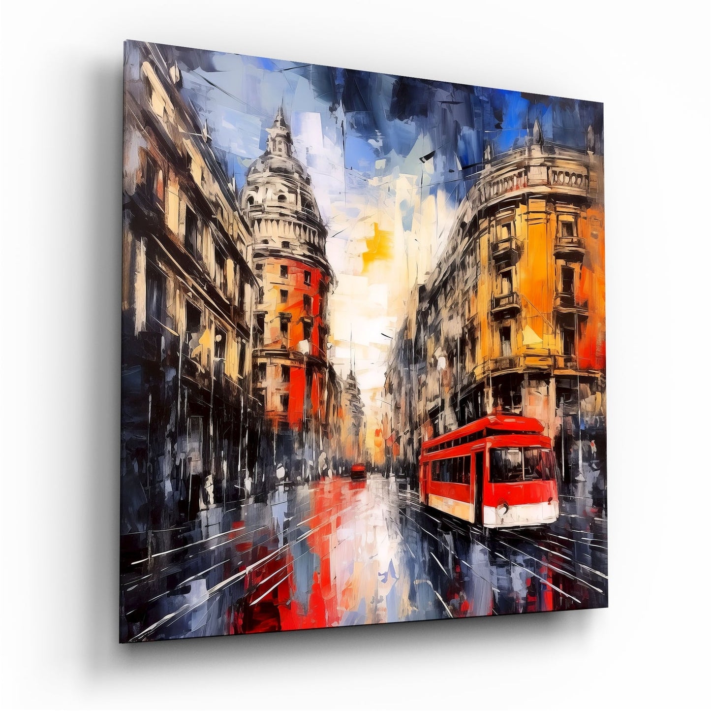 Red tram Spanish street glass wall art