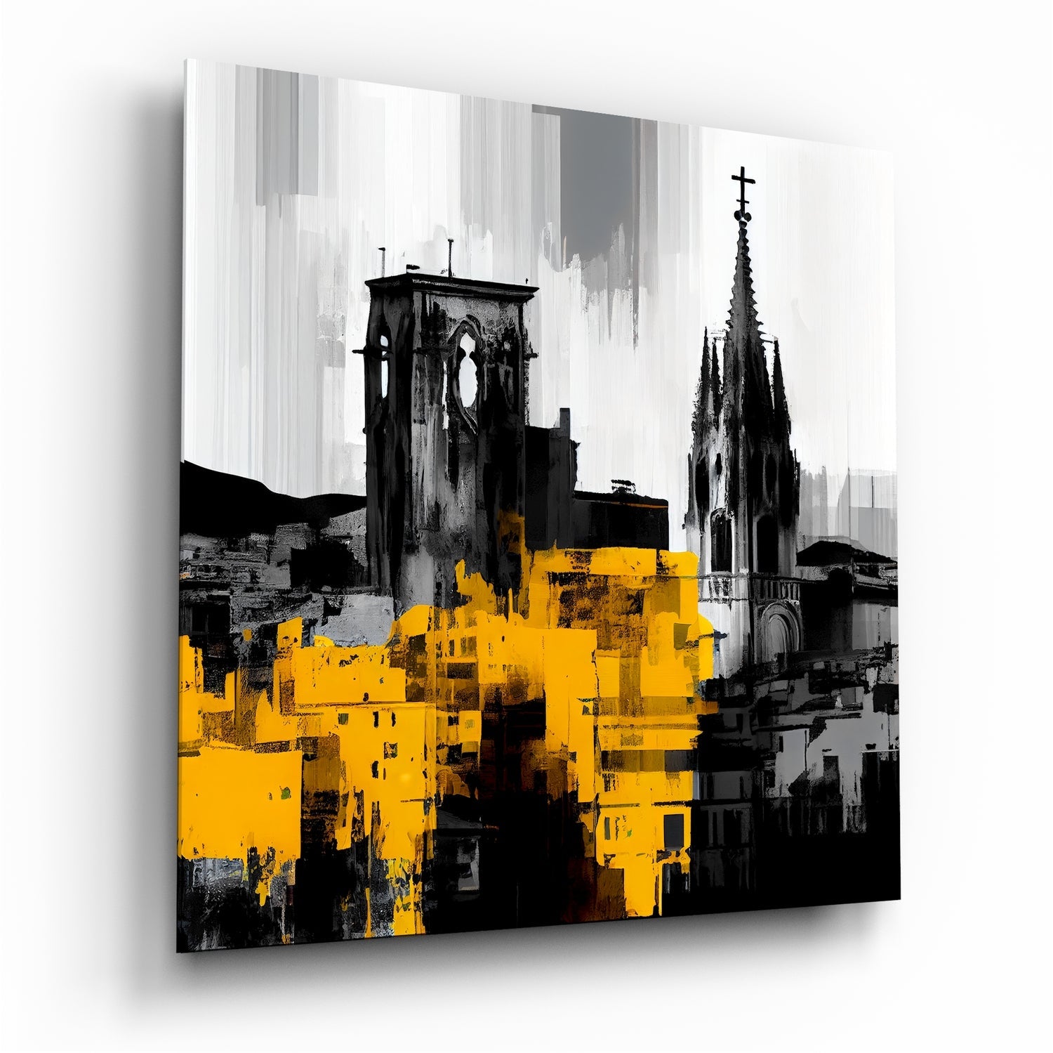Gray city lights glass wall art urban skyline