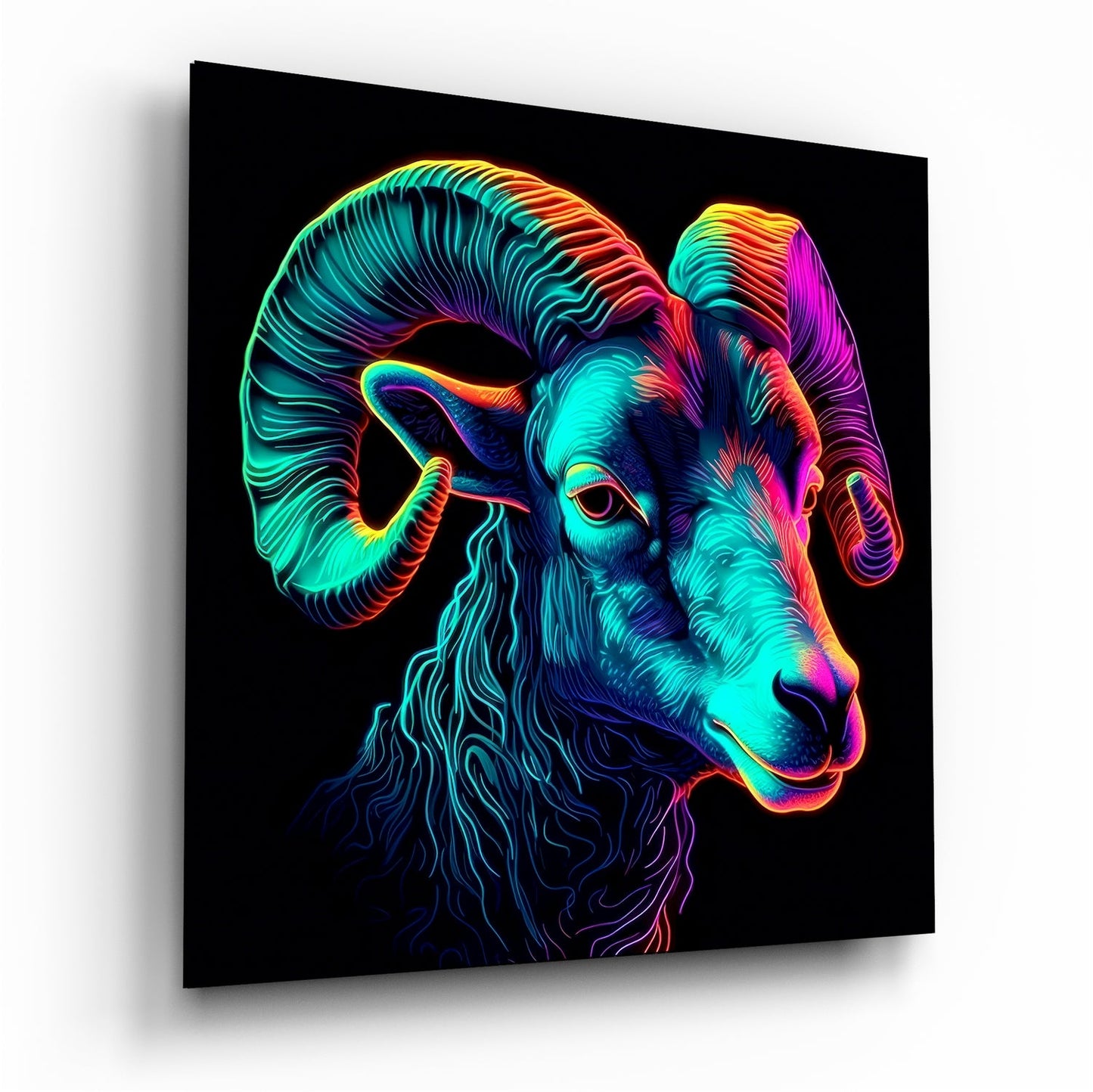 Ram glass wall art with curved horns in vivid detail