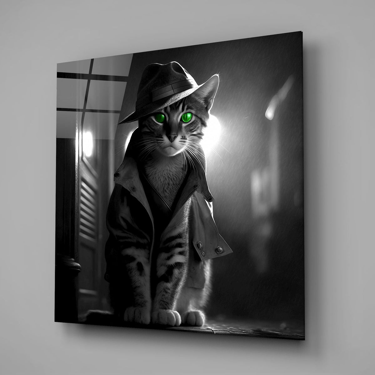Green eyed detective cat glass wall art on a gray wall with window light reflected in the glossy glass