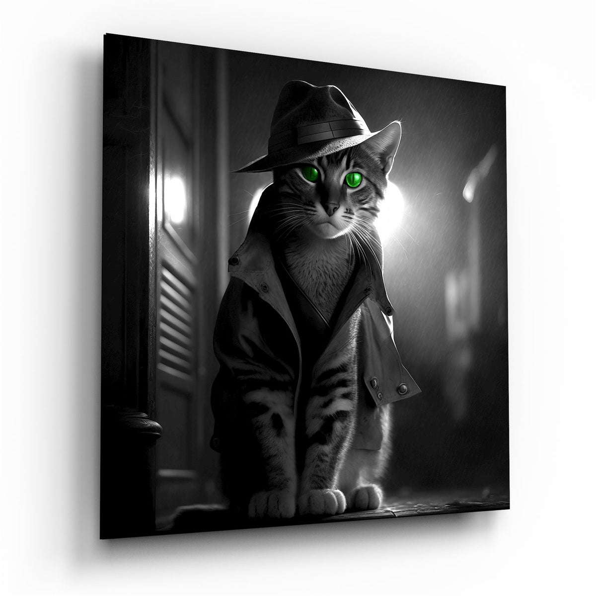 Tabby cat with green eyes in a fedora and trench coat in a lamp lit doorway, black and white, glass wall art