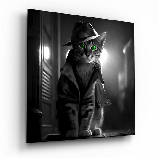 Tabby cat with green eyes in a fedora and trench coat in a lamp lit doorway, black and white, glass wall art