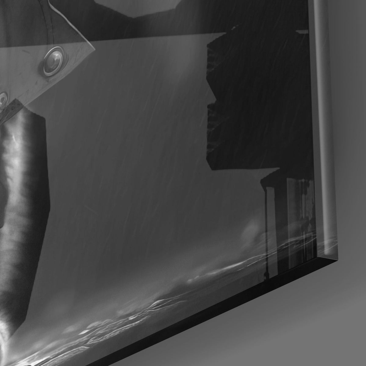 Close-up of the glossy tempered glass edge on the green eyed detective cat glass wall art