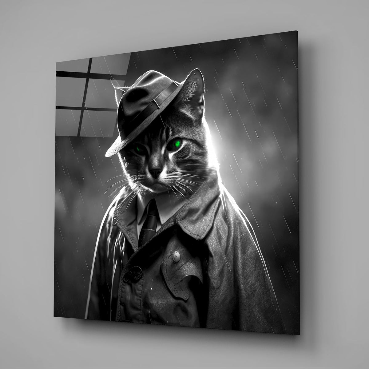 Noir detective cat glass wall art on a gray wall with window light reflected in the glossy glass