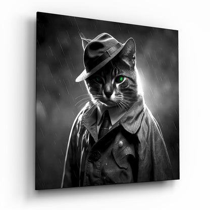 Gray cat in a fedora, trench coat and necktie standing in the rain in black and white, glass wall art