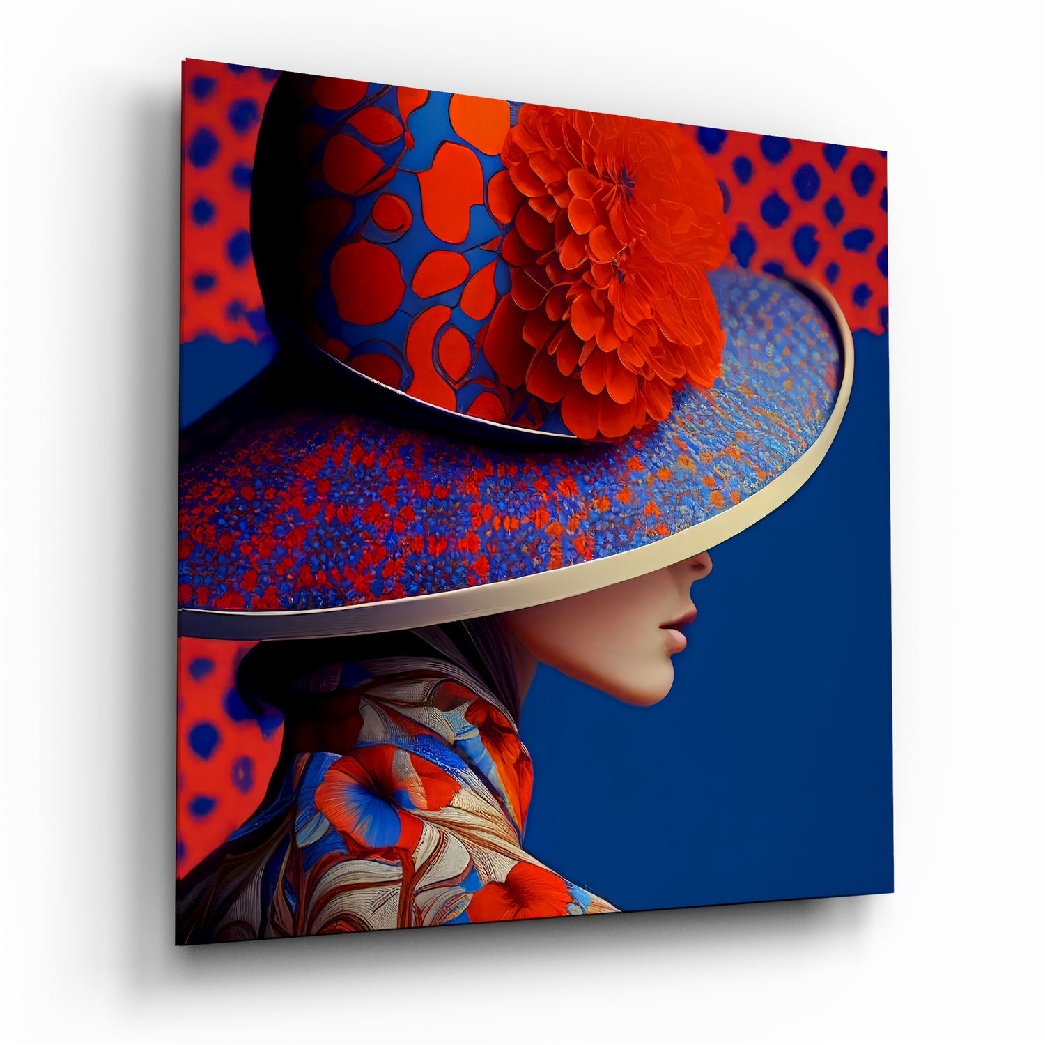 Red bloom wide brim hat woman glass wall art