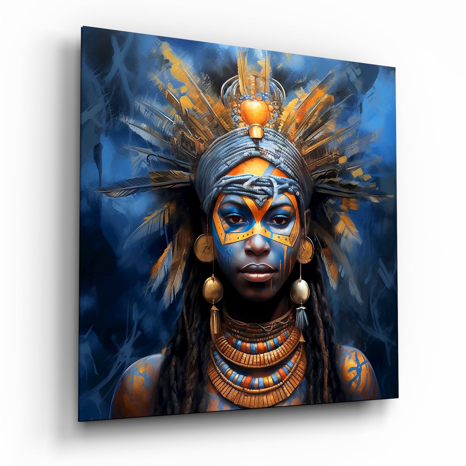Woman in Sapphire glass wall art, tribal headdress portrait