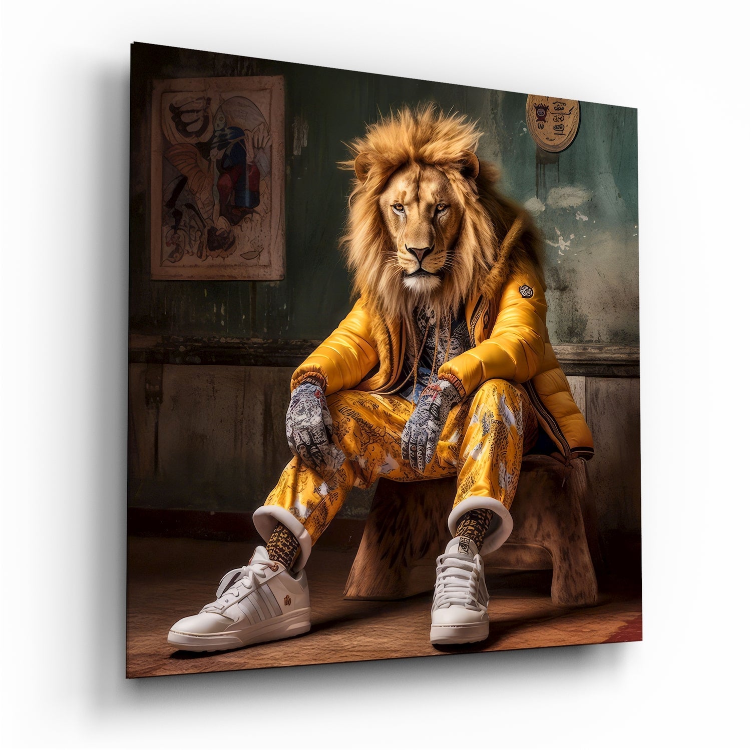 Lion Vogue colorful glass wall art, vivid pop-art roaring lion on tempered glass