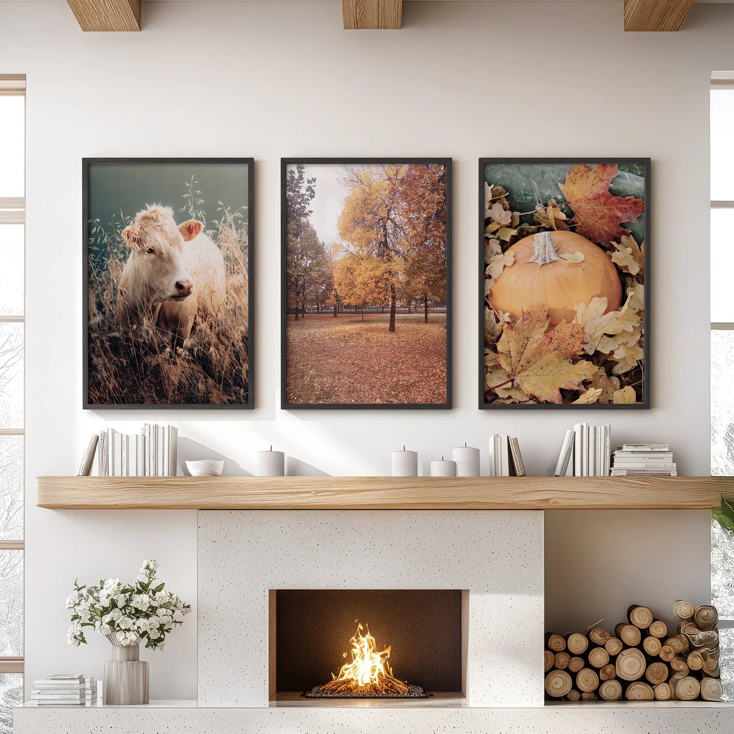 Autumn Farmhouse Wall Art Set of 3 Cow and Fall Prints