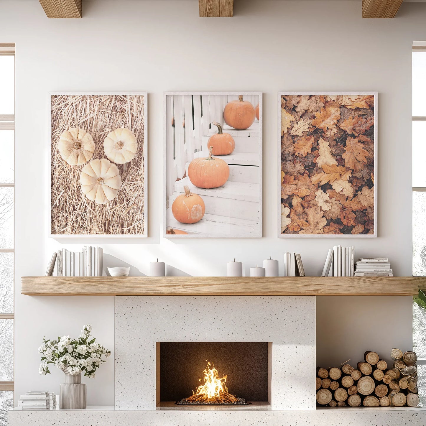 Cozy Fall Wall Art Set of 3 Pumpkins and Autumn Leaves