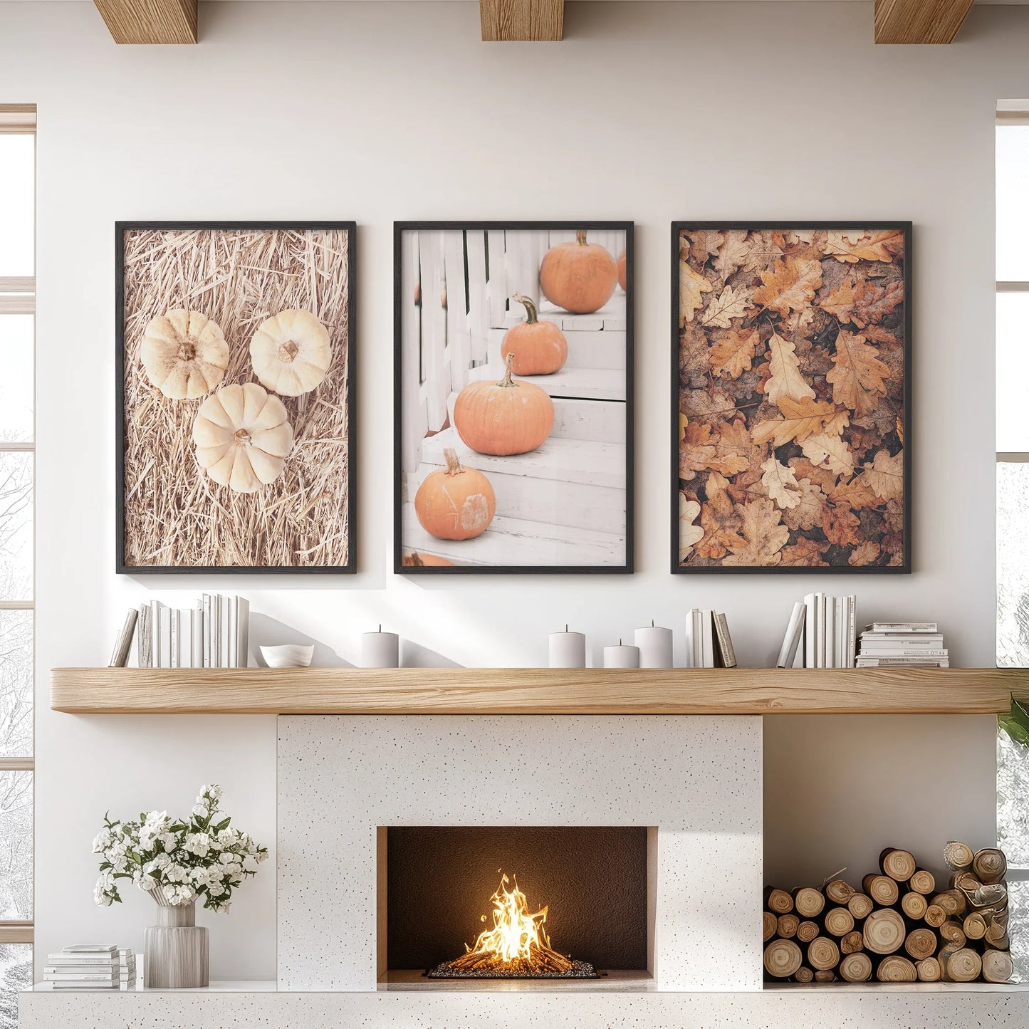 Cozy Fall Wall Art Set of 3 Pumpkins and Autumn Leaves
