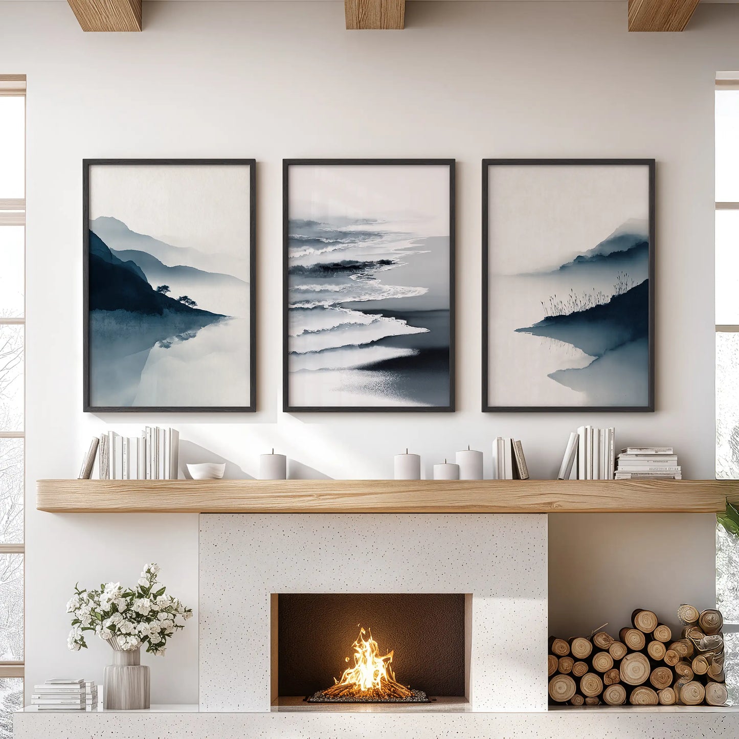 Minimalist Mountain Lake Landscape Wall Art Set of 3