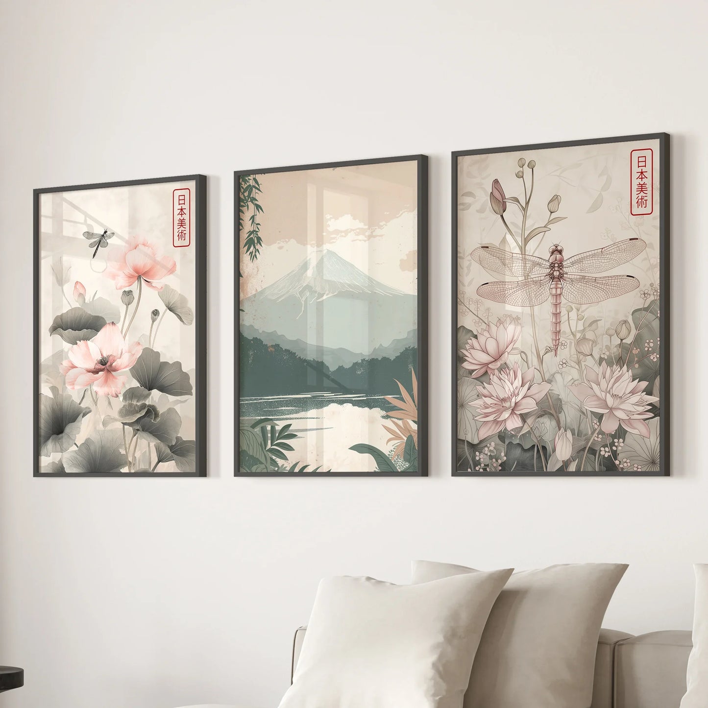 Japandi Botanical Wall Art, Floral and Mountain Set of 3