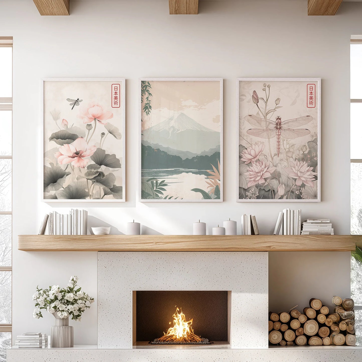 Japandi Botanical Wall Art, Floral and Mountain Set of 3