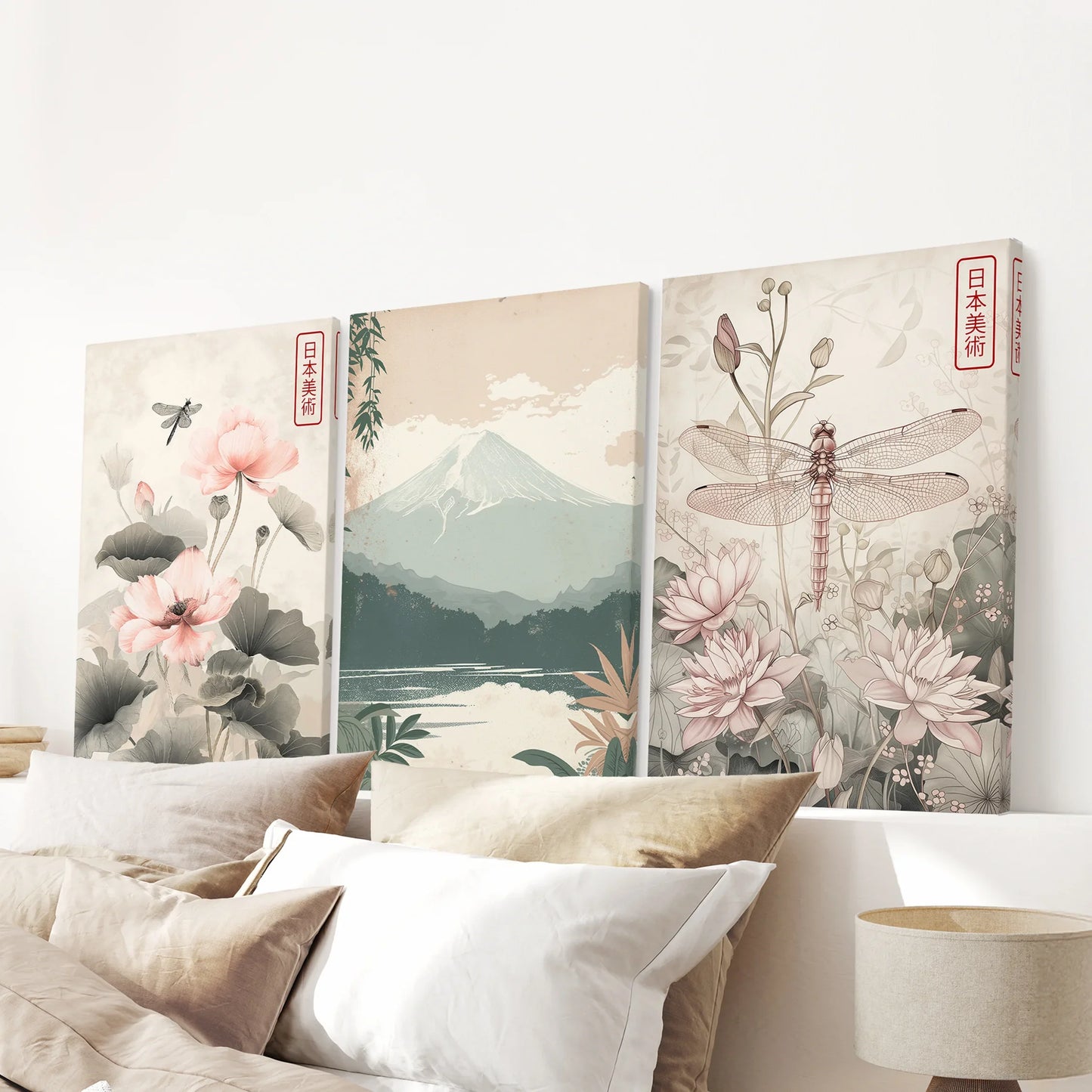 Japandi Botanical Wall Art, Floral and Mountain Set of 3