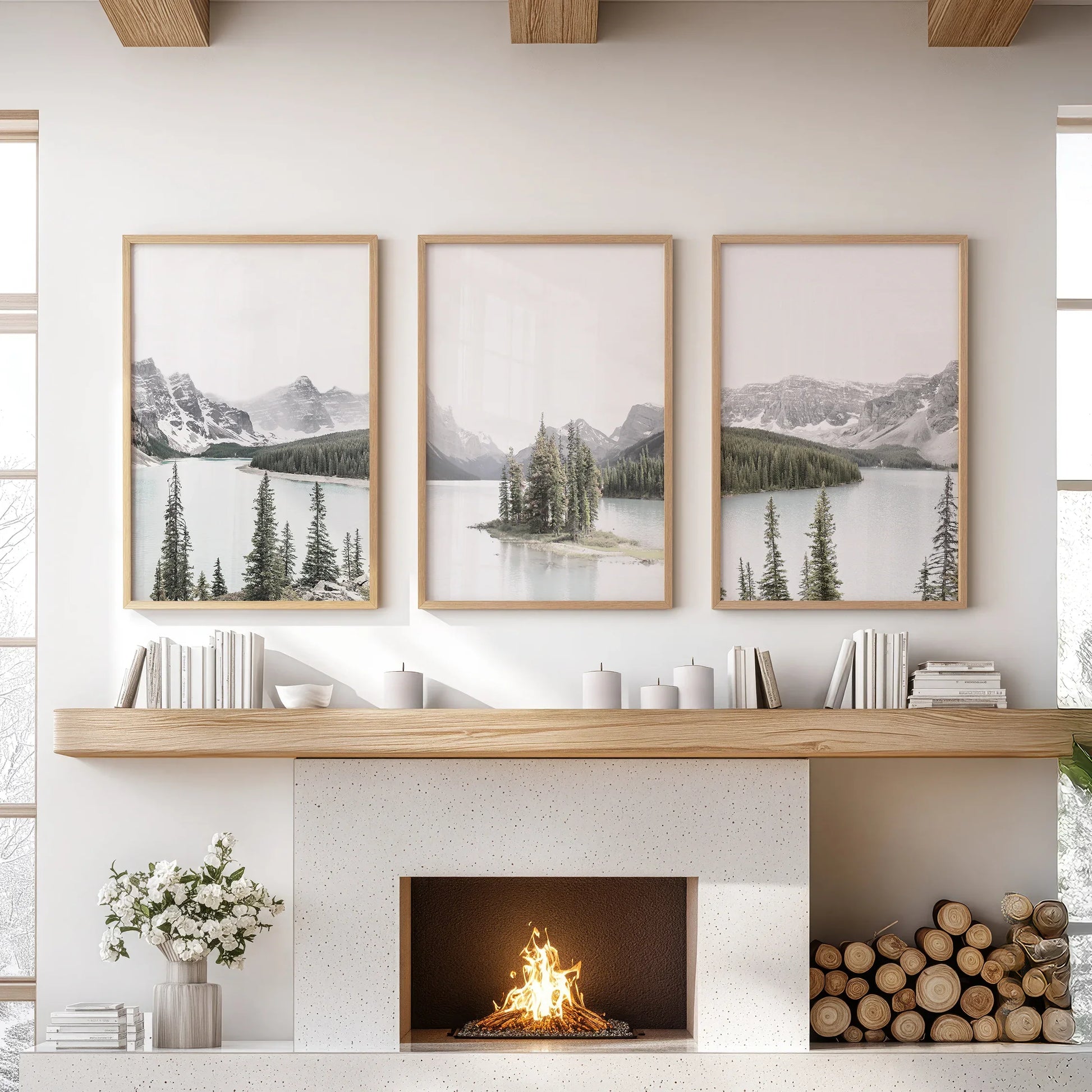 Canada mountain lake 3 piece nature wall art set with pine island and snowy peaks