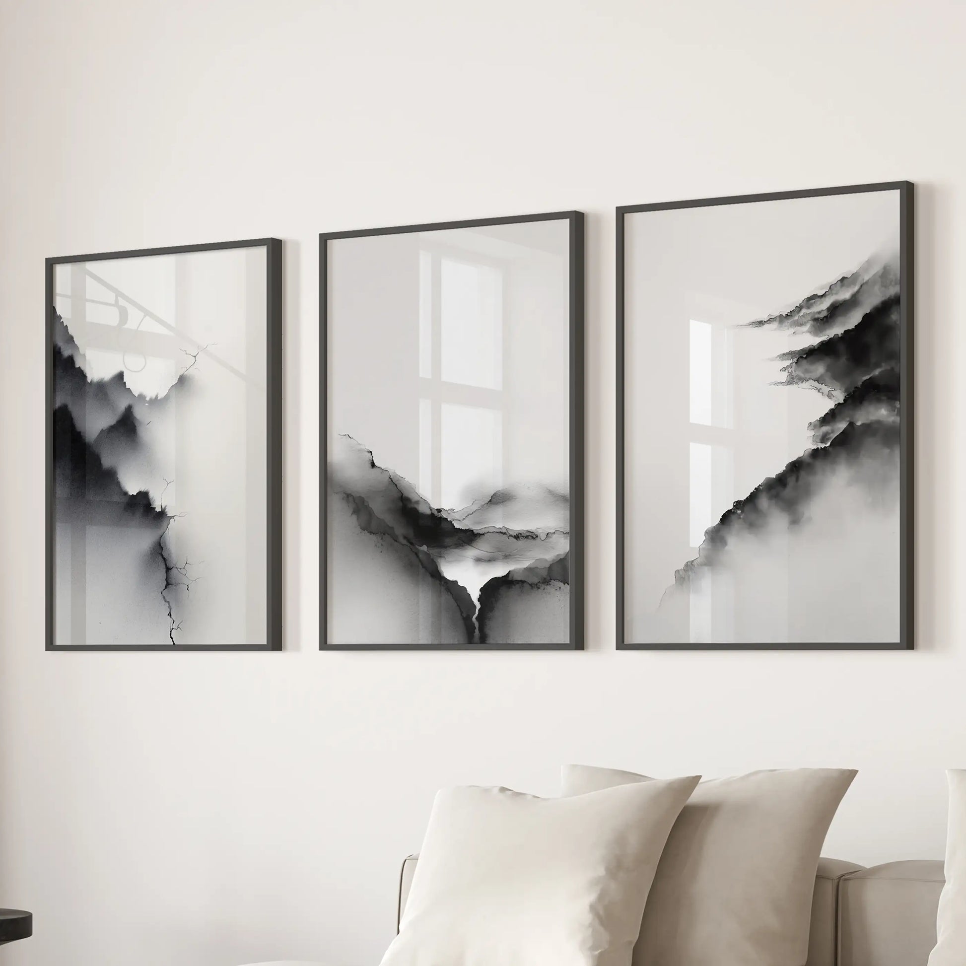 Black and white mountain landscape wall art set of 3 prints