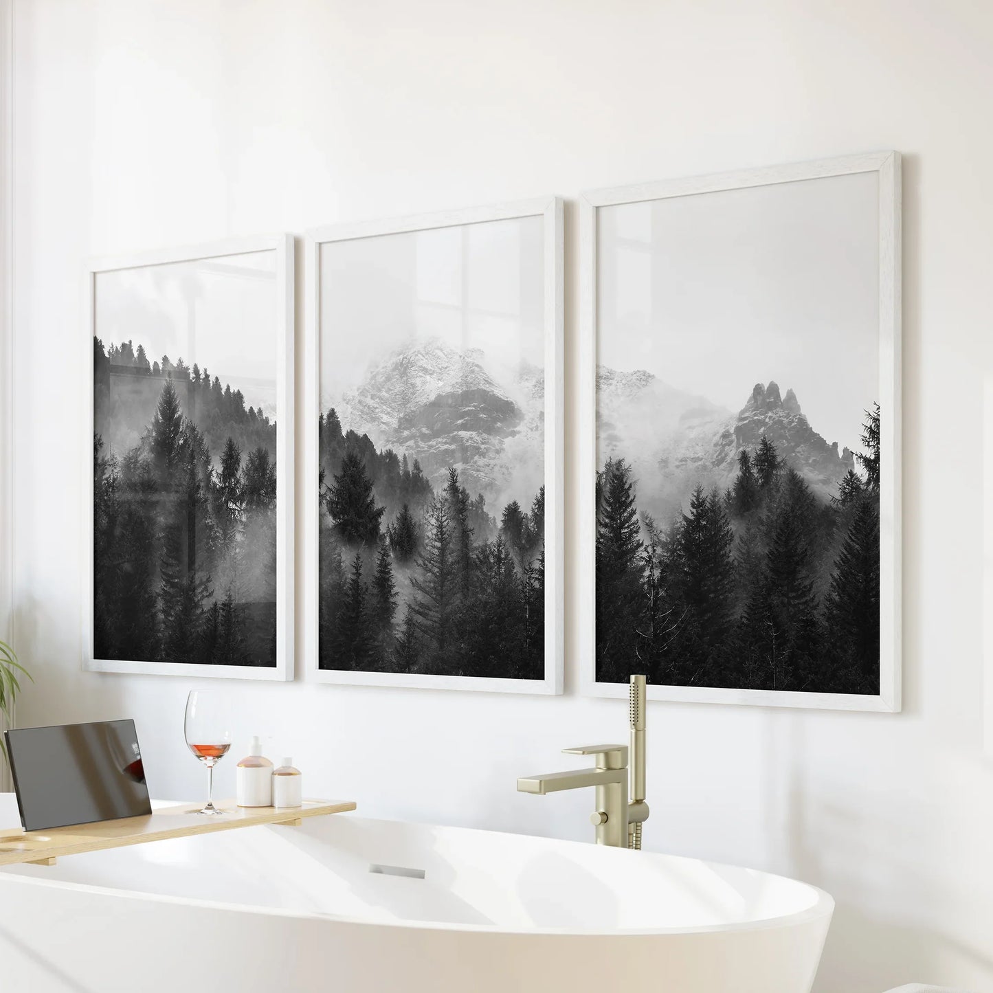Misty Mountain Forest Wall Art Set of 3 Black and White