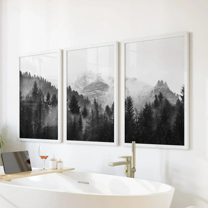 Misty Mountain Forest Wall Art Set of 3 Black and White