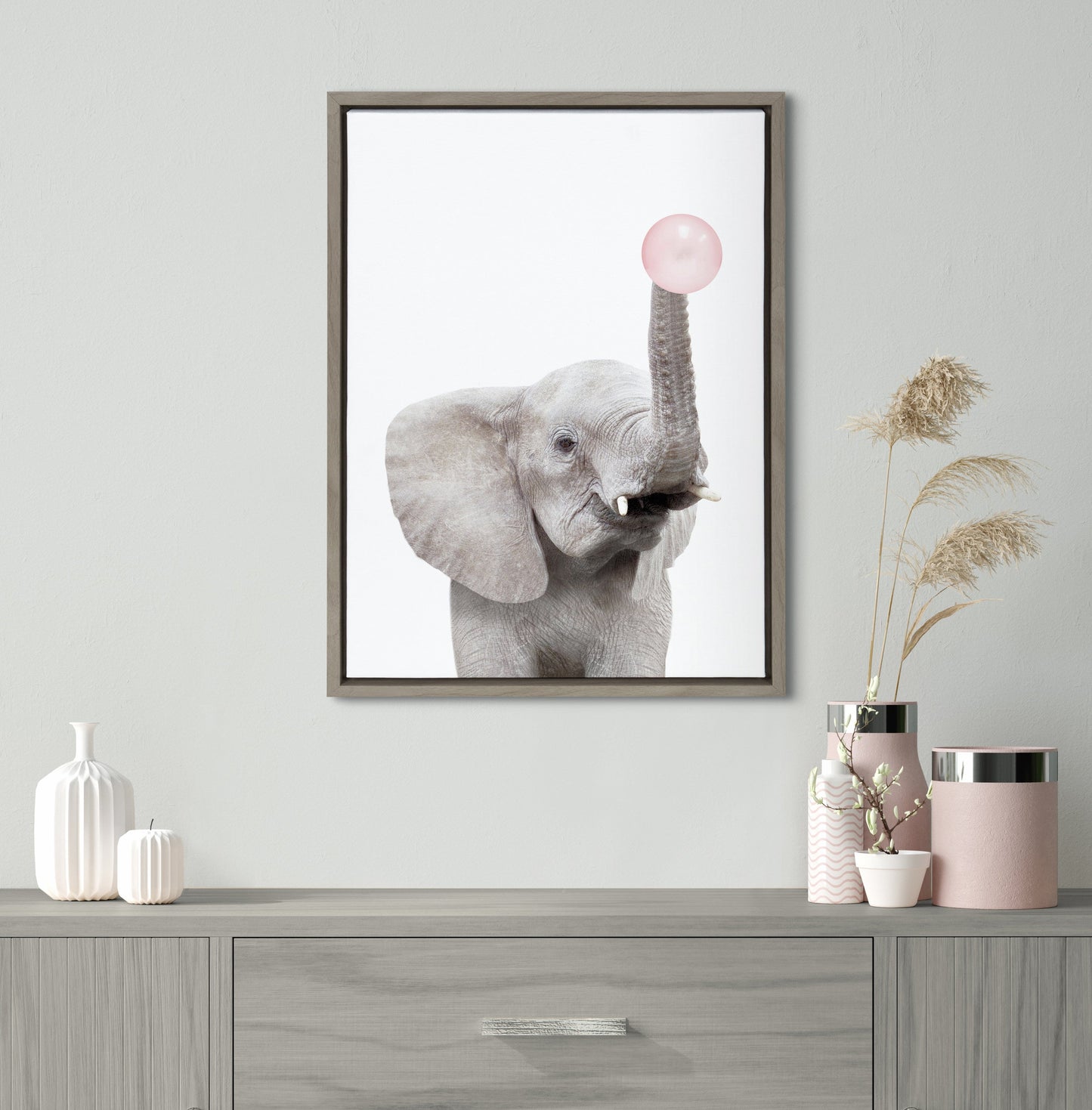 Bubble Gum Elephant Framed Canvas Wall Art