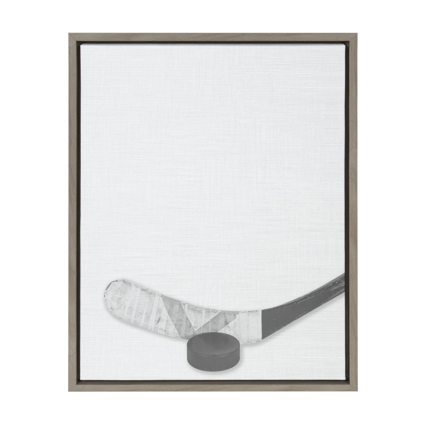 Hockey stick and puck framed canvas wall art in gray frame, easy to hang