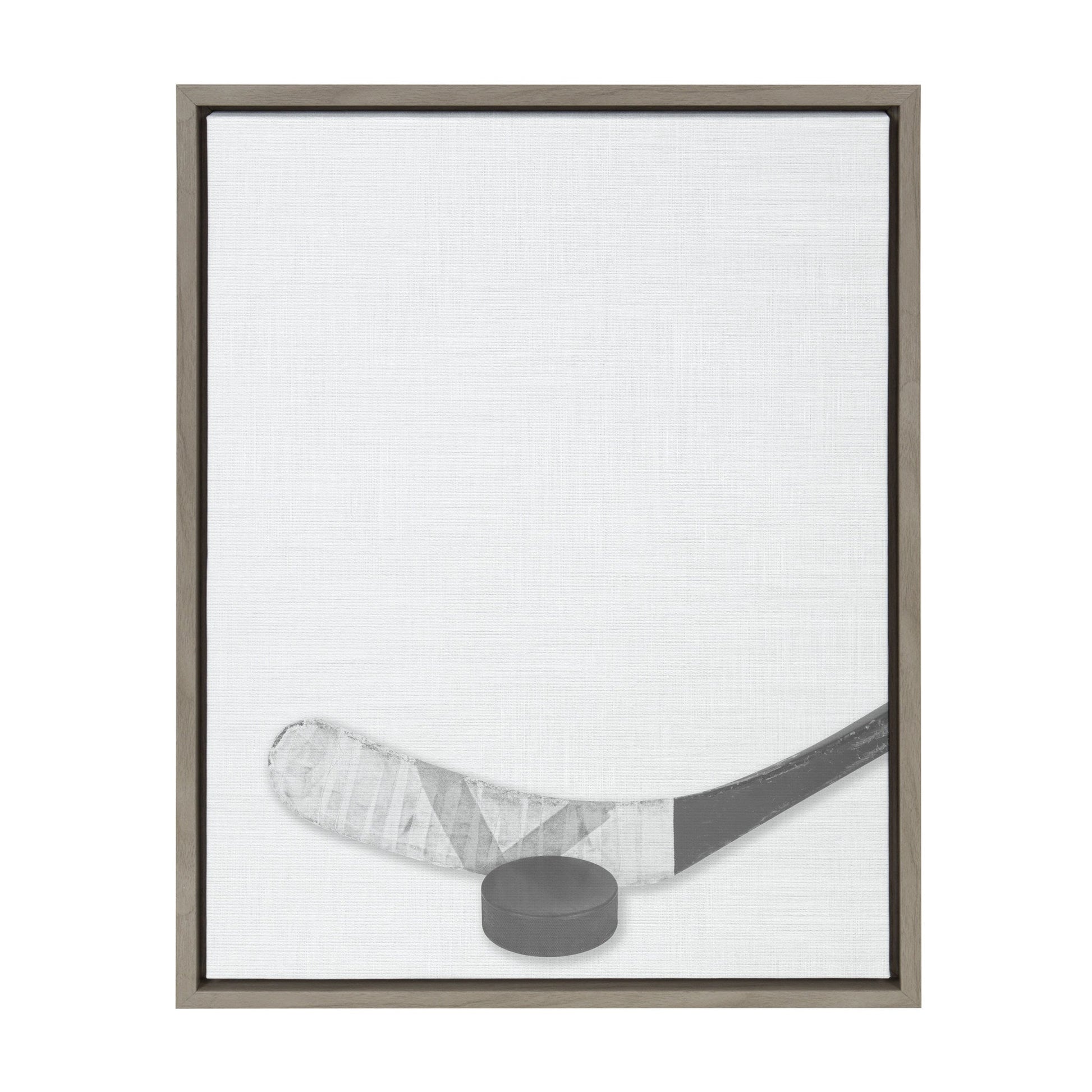 Hockey stick and puck framed canvas wall art in gray frame, easy to hang