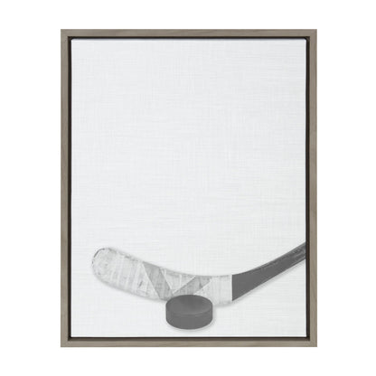 Hockey stick and puck framed canvas wall art in gray frame, easy to hang