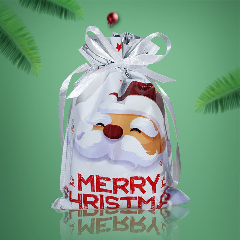 shiny foil Santa gift bags tied with bows