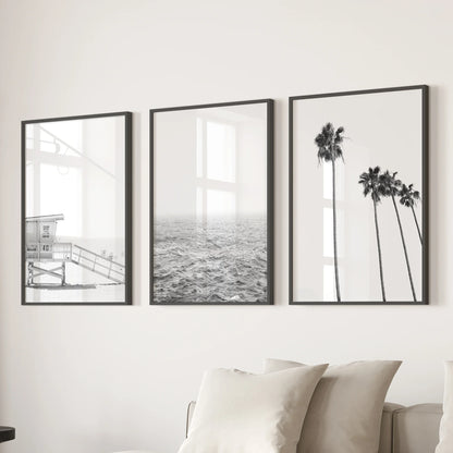 Black and White Coastal Wall Art Set of 3 (Unframed)