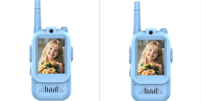 side-by-side blue kids walkie-talkies featuring a smiling girl on the digital display