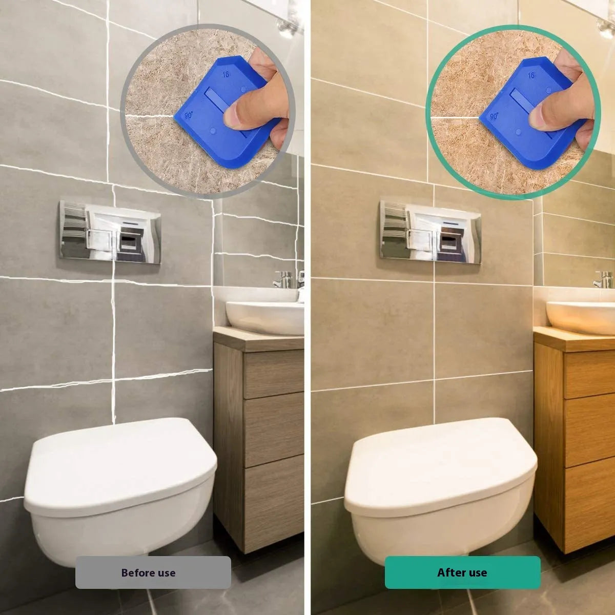 silicone caulking tool being used to smooth bathroom tile seam