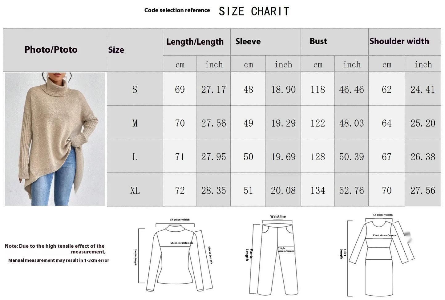 size chart for asymmetric turtleneck knit sweater