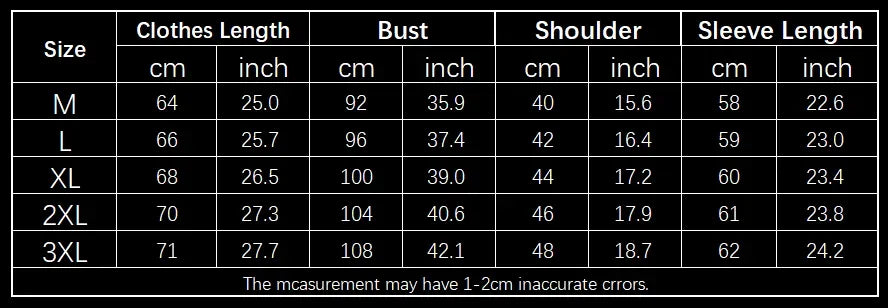 size chart for color block patch knit sweater showing length bust shoulder and sleeve measurements from M to 3XL