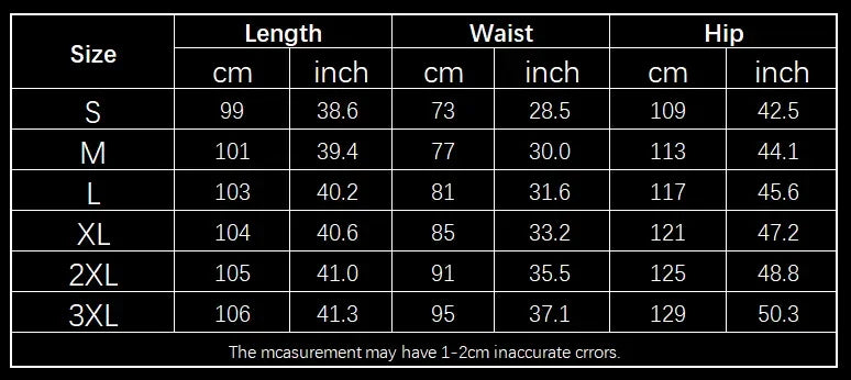 size chart for men’s slim-fit stretch pants showing length waist hip