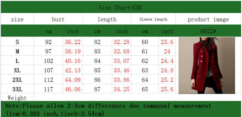 size chart for women’s long double-breasted coat