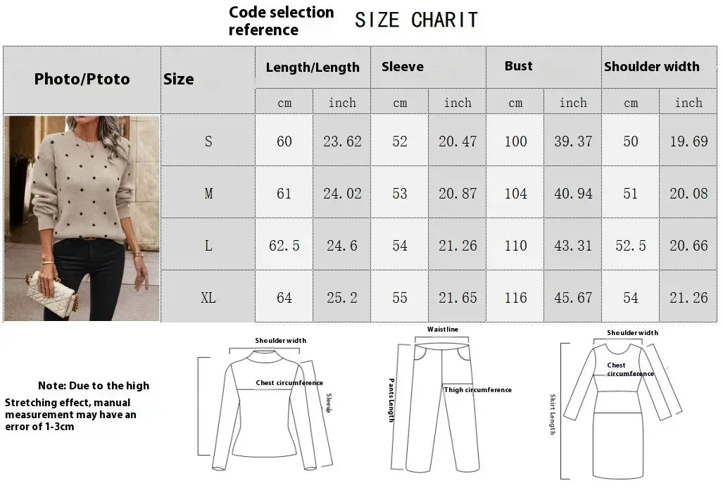 size chart showing length, sleeve, bust, and shoulder measurements for s to xl with simple clothing outline icons