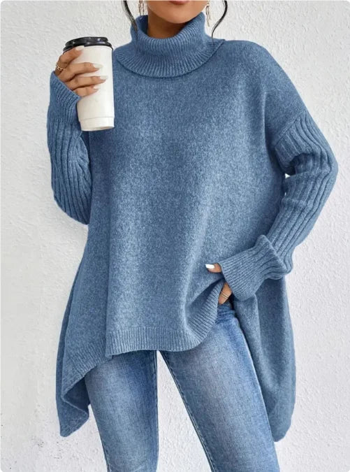 sky blue soft knit sweater draped asymmetrically

